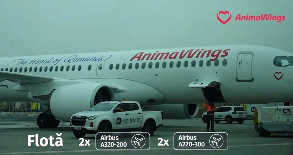 Un avion alb cu inscripția AnimaWings și textul The Heart of Romania stă pe pista de decolare lângă un pickup alb.