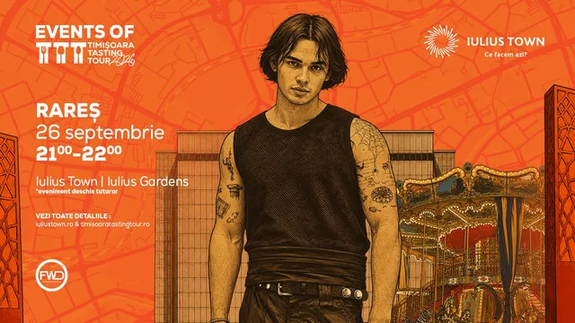 Un bărbat cu părul mediu și tatuaje pe brațe poartă un tricou negru fără mâneci în fața unui fundal portocaliu cu text și grafică.