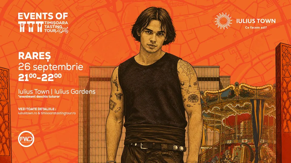 Un bărbat cu părul mediu și tatuaje pe brațe poartă un tricou negru fără mâneci în fața unui fundal portocaliu cu text și grafică.