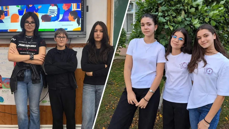 Patru fete stau în picioare în fața unui ecran, iar alte trei fete stau în picioare în fața unor plante verzi.