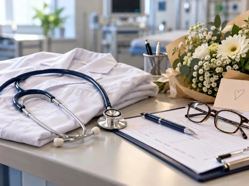 Un stetoscop albastru, o halat albă, ochelari, un pix și un buchet de flori sunt așezate pe o masă lângă un dosar medical.