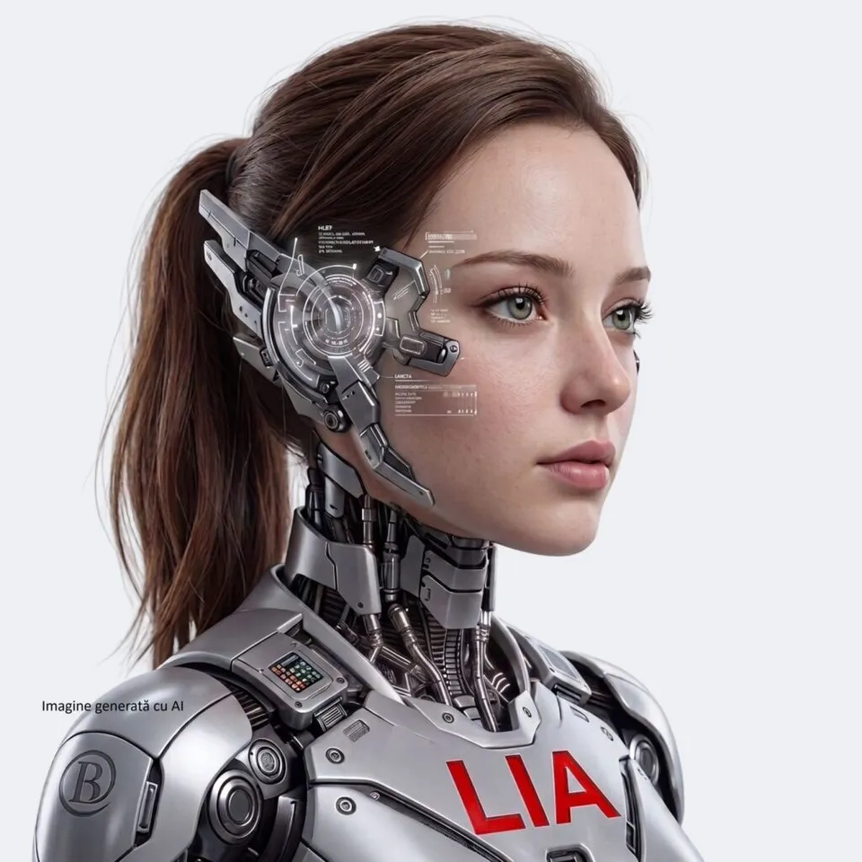 O femeie cu părul castaniu și un corp robotic metalic pe care scrie textul LIA este prezentată pe un fundal alb.