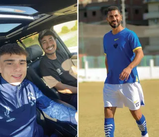 Două fotografii suprapuse prezintă doi bărbați într-un autovehicul și un bărbat îmbrăcat în echipament sportiv albastru și alb pe un teren.