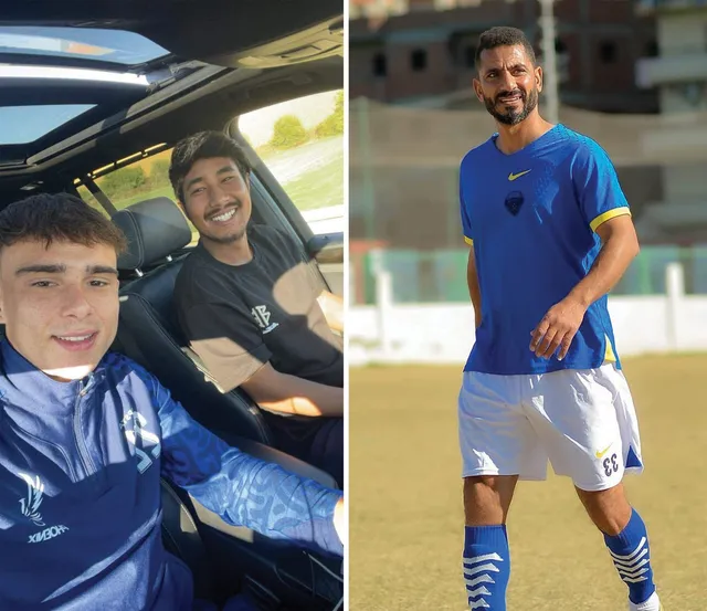 Două fotografii suprapuse prezintă doi bărbați într-un autovehicul și un bărbat îmbrăcat în echipament sportiv albastru și alb pe un teren.