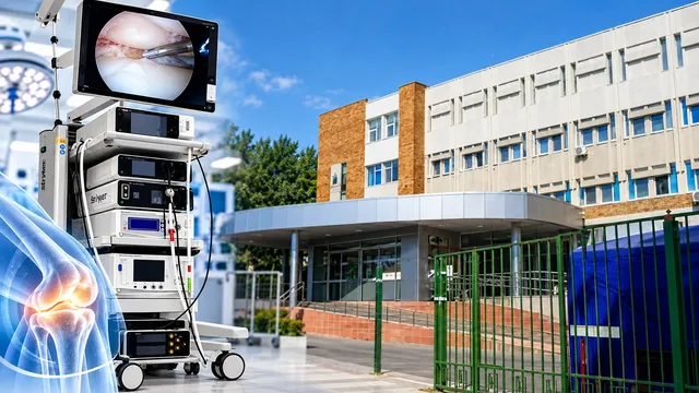 Un monitor afișează o imagine endoscopică, fiind montat pe un dispozitiv medical cu unități de control, situat în fața unei clădiri cu ferestre multiple.