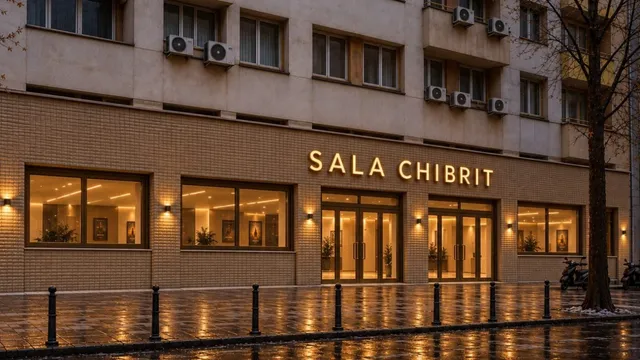 O clădire cu fațadă din cărămidă deschisă prezintă ferestre mari și un panou luminos cu textul SALA CHIBRIT deasupra unor uși de sticlă.