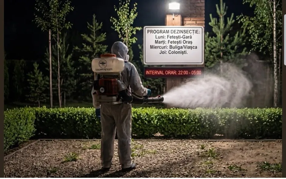 O persoană purtând costum de protecție și echipament de pulverizare proiectează un jet de substanță albă peste un gard de vegetație noaptea.