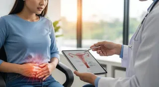 O femeie în tricou albastru stă pe un scaun, în timp ce un medic în halat alb îi arată o diagramă anatomică pe o tabletă digitală.