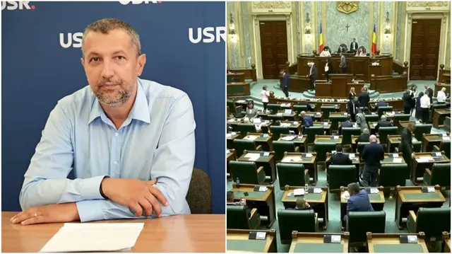 Un bărbat cu cămașă albastră stă la o masă, iar în partea dreaptă se vede o sală de ședințe cu mese și scaune dispuse în rânduri.