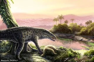 O ilustrație cu un reptilian mare lângă un corp mic pe malul unui râu într-un peisaj tropical cu palmieri și vegetație densă.