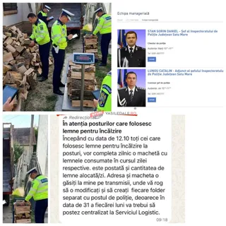 Unii polițiști în uniformă verde și albă stau lângă stive de lemne și un cântar digital aflat într-un spațiu exterior.