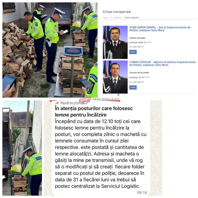Unii polițiști în uniformă verde și albă stau lângă stive de lemne și un cântar digital aflat într-un spațiu exterior.
