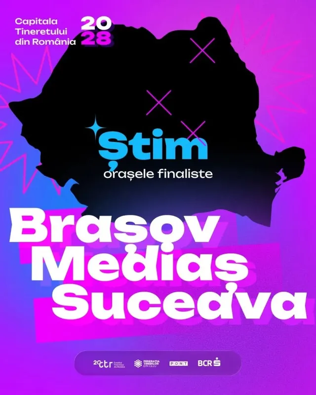 O siluetă neagră a unei hărți este plasată pe un fundal mov cu text alb și albastru.