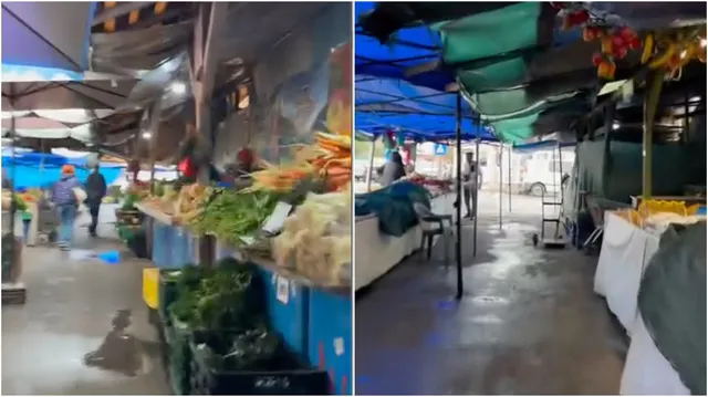 Două cadre arată un culoar de tarabe de piață cu prelate colorate, produse alimentare expuse și podea umedă.