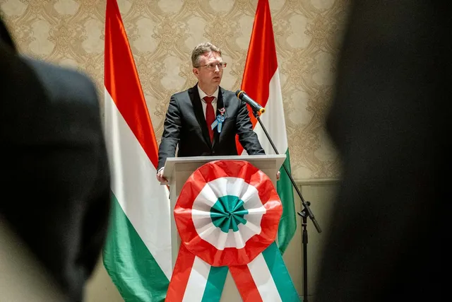 Un bărbat cu ochelari și cravată roșie stă în spatele unui podium, între două steaguri cu dungi orizontale roșii, albe și verzi.