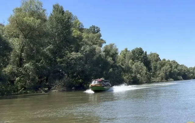 O ambarcațiune mică cu acoperiș închis navighează pe un râu lângă o vegetație densă de copaci sub un cer senin.