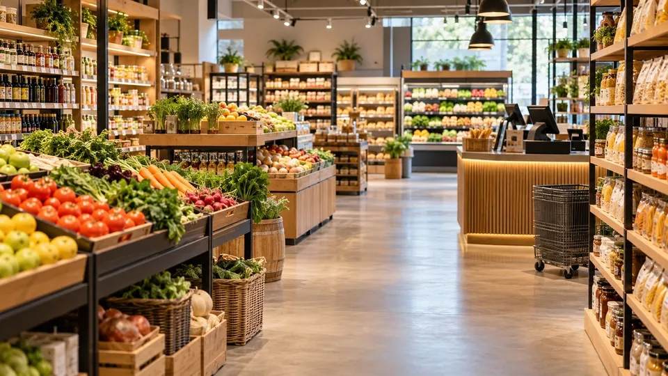 Rânduri de rafturi din lemn și metal conțin diverse produse alimentare, legume și fructe proaspete într-un magazin cu podea deschisă și iluminare suspendată.