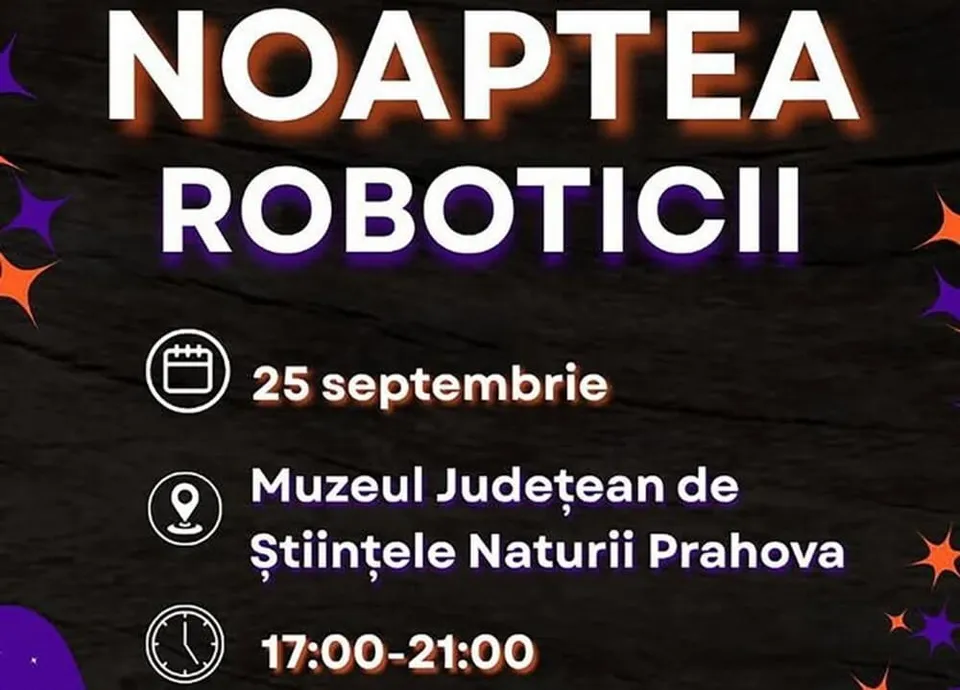 O afișă textă pe fundal negru cu titlul evenimentului, data, locația și ora de desfășurare, ornamentată cu stele colorate.