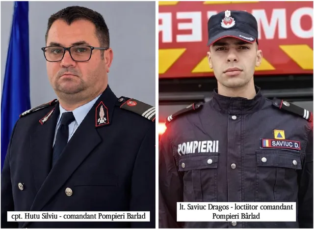 Două portrete de bust ale unor bărbați îmbrăcați în uniforme de pompieri, unul cu ochelari și cravată, celălalt purtând o șapcă și un uniformă neagră.