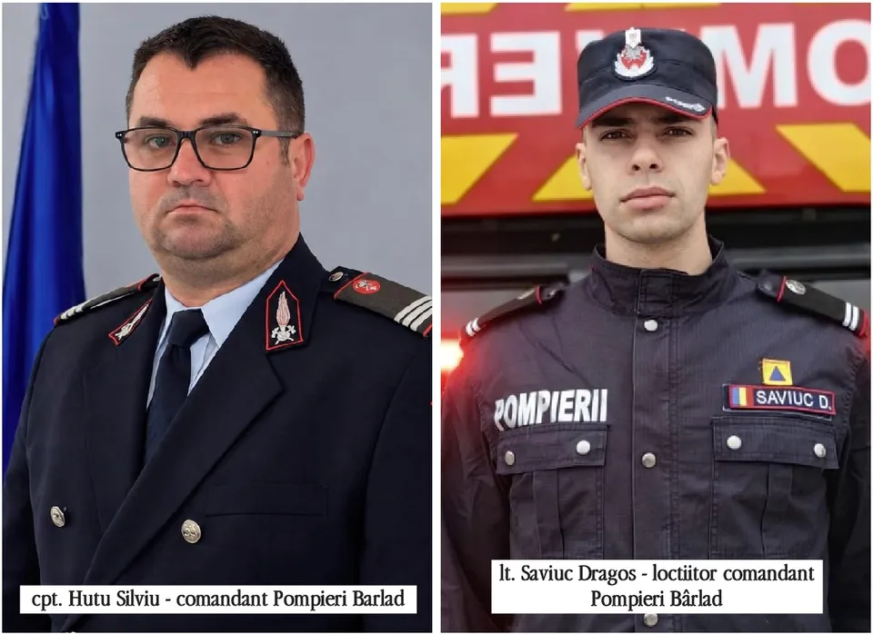 Două portrete de bust ale unor bărbați îmbrăcați în uniforme de pompieri, unul cu ochelari și cravată, celălalt purtând o șapcă și un uniformă neagră.