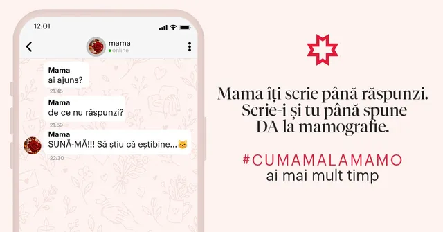 Un telefon mobil afișează o conversație de tip chat pe un fundal roz cu text și un simbol roșu în formă de cruce stilizată.