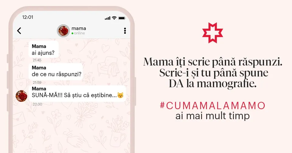 Un telefon mobil afișează o conversație de tip chat pe un fundal roz cu text și un simbol roșu în formă de cruce stilizată.