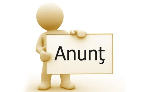 O figură umană stilizată, de culoare crem, ține un panou dreptunghiular alb pe care este scris cuvântul Anunț.