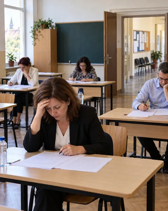 Femei și un bărbat stau la mese de lemn și scriu pe foi de hârtie într-o sală de clasă.
