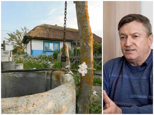 O imagine compusă prezintă o casă cu acoperiș de paie lângă o fântână și un bărbat purtând un pulover albastru.