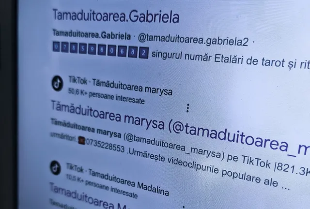 Un ecran de dispozitiv digital afișează profiluri de utilizatori de pe o platformă socială cu nume de utilizator și numere de telefon.