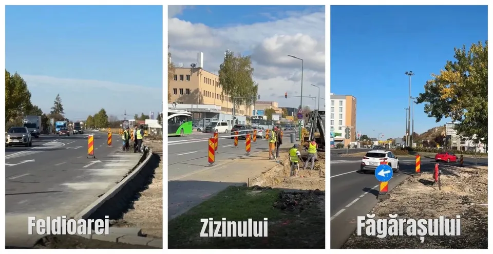 Trei fotografii verticale prezintă lucrări de construcție pe marginea unor drumuri urbane, cu utilaje, conuri de semnalizare și lucrători purtând veste reflectorizante.