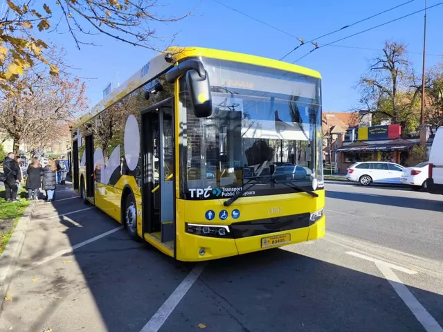 Un autobuz galben cu ferestre mari stă oprit pe o stradă asfaltată sub un cer senin, lângă un trotuar și copaci fără frunze.
