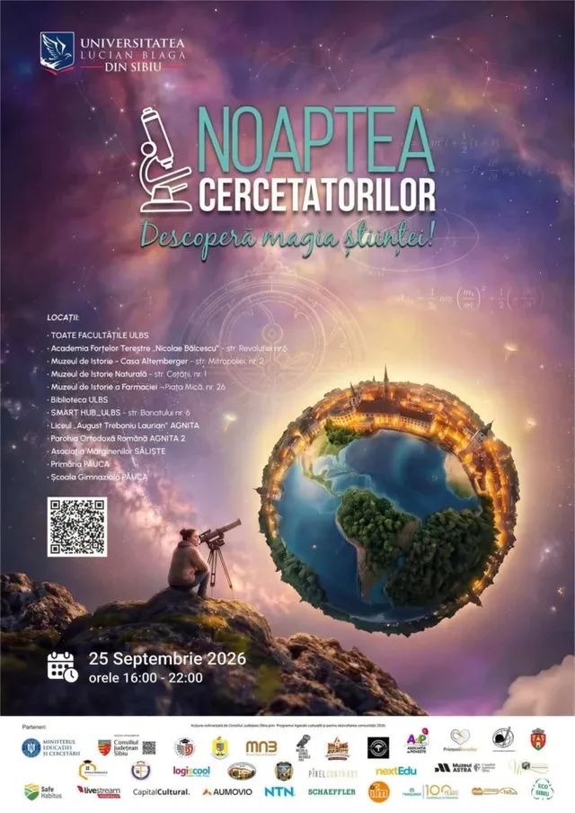 Un afiș pentru evenimentul „Noaptea Cercetătorilor” din 25 septembrie 2026, cu un om privind printr-un telescop spre un glob pământesc stilizat.