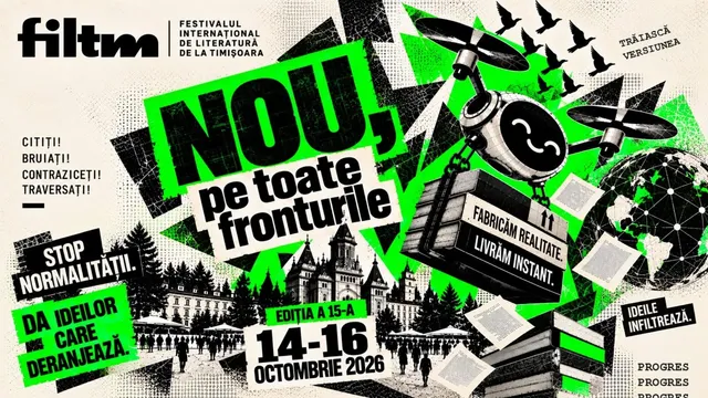 Un afiș grafic cu text negru și verde pe fundal alb, prezentând elemente precum un avion, un glob terestru, cărți și siluete de clădiri și oameni.