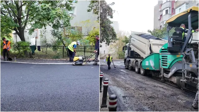 Două imagini suprapuse arată lucrări de asfaltare pe o stradă, cu un utilaj mare, un camion și muncitori purtând veste reflectorizante.