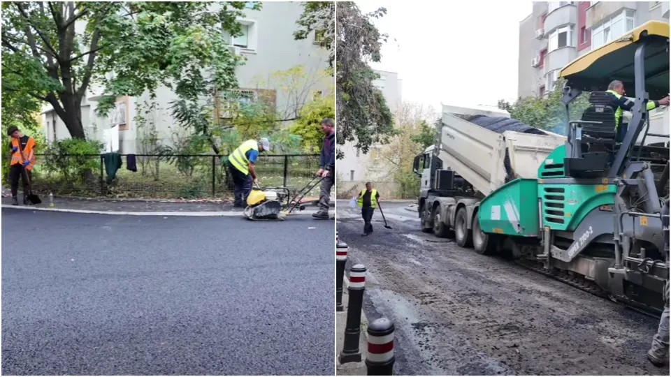 Două imagini suprapuse arată lucrări de asfaltare pe o stradă, cu un utilaj mare, un camion și muncitori purtând veste reflectorizante.