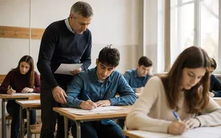 Un bărbat stă lângă un tânăr care scrie pe o foaie de hârtie, în timp ce alți studenți lucrează la masa din fundal.