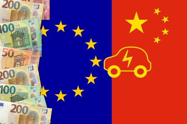 Ilustrație din sursă: drapelele Uniunii Europene și Chinei, bancnote euro și simbolul unui automobil electric.