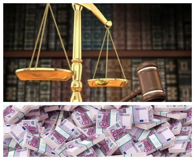 O balanță de aur și un ciocan de lemn sunt plasate în fața unor cărți vechi, deasupra unor teancuri de bancnote de euro.
