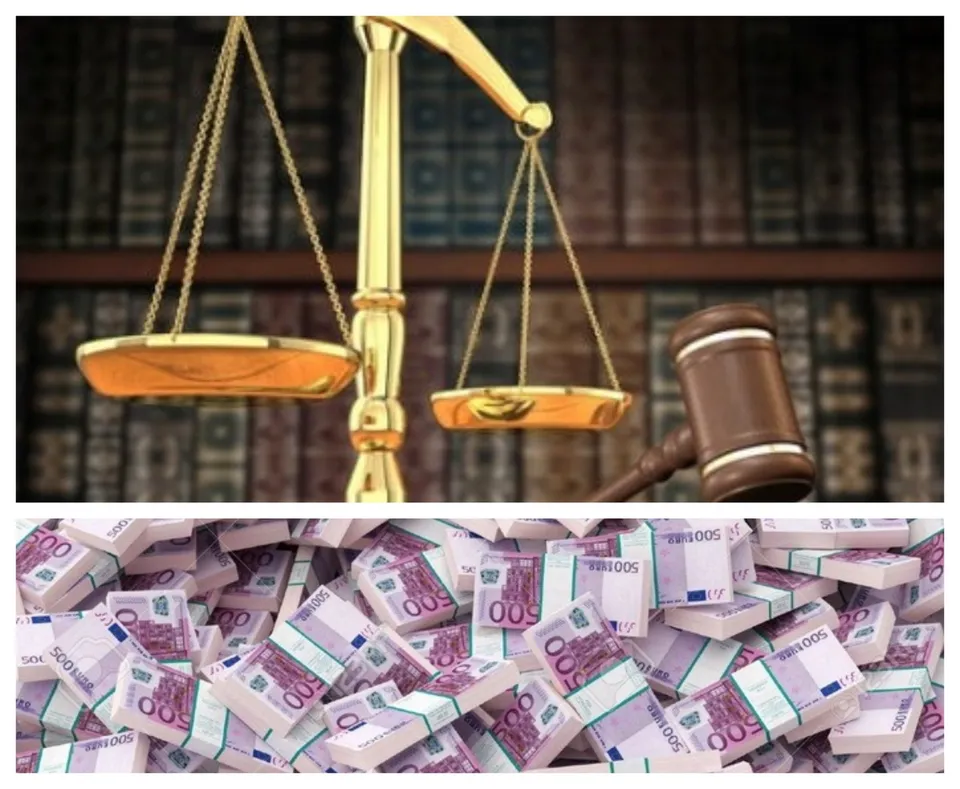 O balanță de aur și un ciocan de lemn sunt plasate în fața unor cărți vechi, deasupra unor teancuri de bancnote de euro.