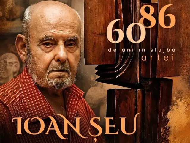Un bărbat în vârstă, cu barbă, poartă o cămașă roșie cu dungi, alături de un text care menționează „60 de ani în slujba artei” și „86”.