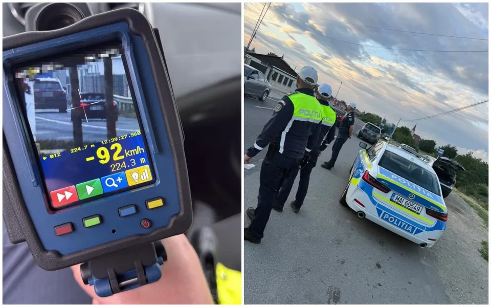 Un dispozitiv electronic afișează o viteză de 92 km/h, iar în partea dreaptă se văd doi polițiști lângă o mașină de serviciu albastră și albă.