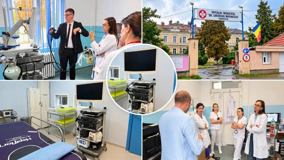 Colaj cu imagini ale unui spital, echipamente medicale de ultimă generație, personal medical și intrarea principale a unității sanitare.