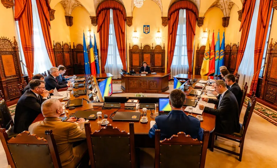 Oamenii stau la o masă lungă de conferințe într-o cameră cu draperii roșii, draperi și steaguri de diverse culori.