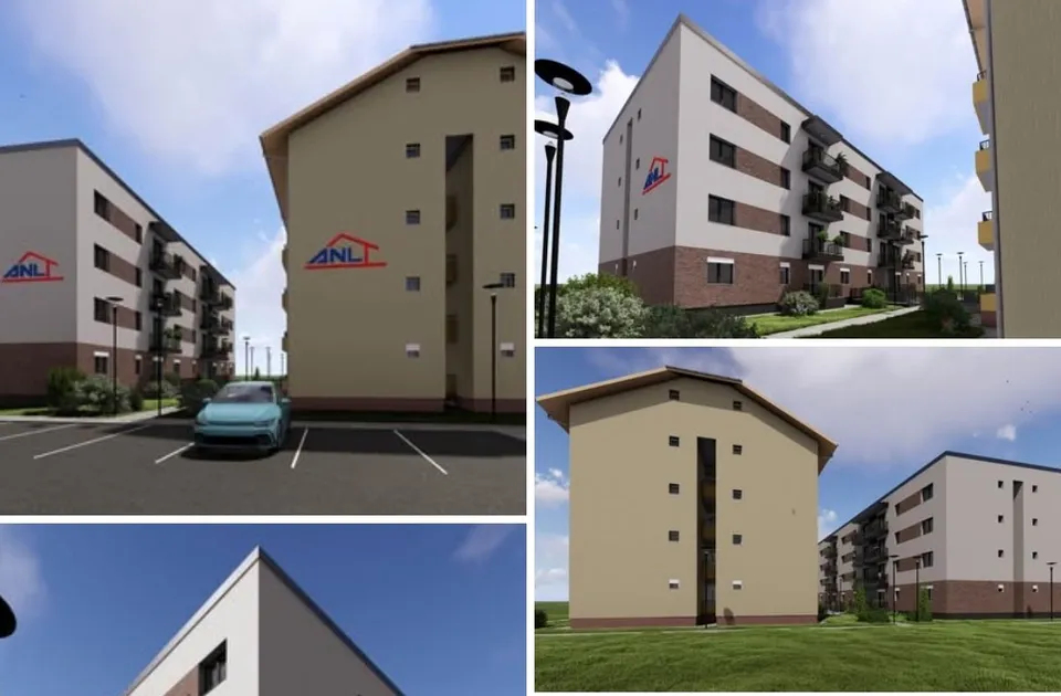 Patru imagini cu randări 3D ale unor blocuri de locuințe ANL, cu un autoturism parcat în prim-plan într-una dintre imagini.