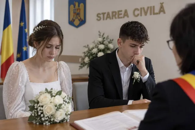 Doi tineri, o fată în rochie de mireasă și un băiat în costum, stau la o masă în fața unui oficial, cu expresii triste. În fundal, steaguri și stema României.