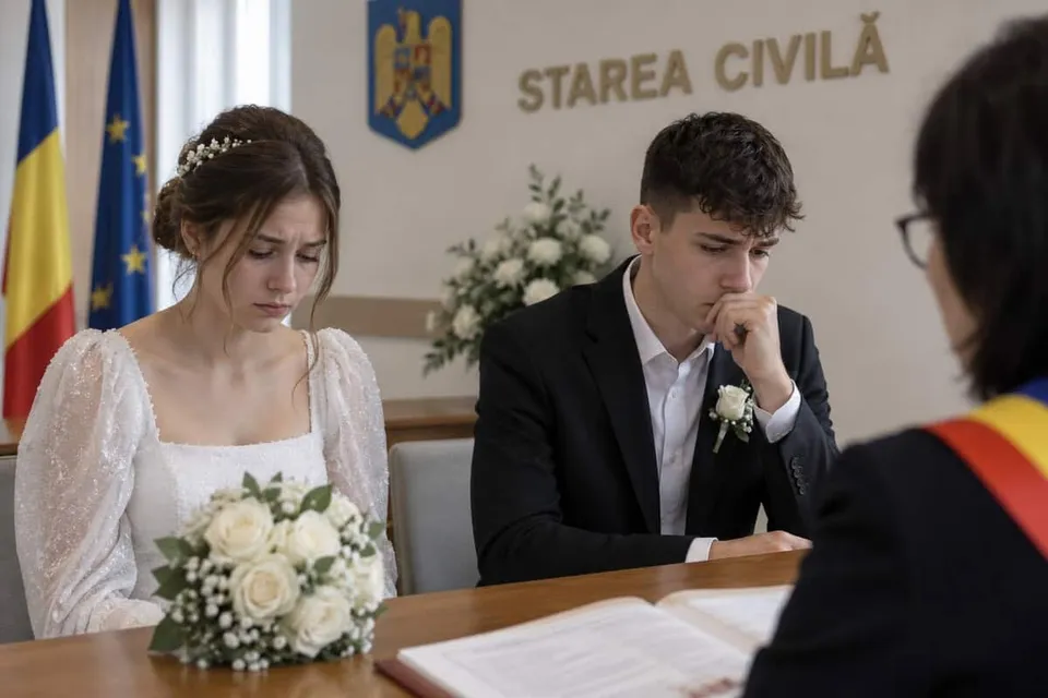 Doi tineri, o fată în rochie de mireasă și un băiat în costum, stau la o masă în fața unui oficial, cu expresii triste. În fundal, steaguri și stema României.