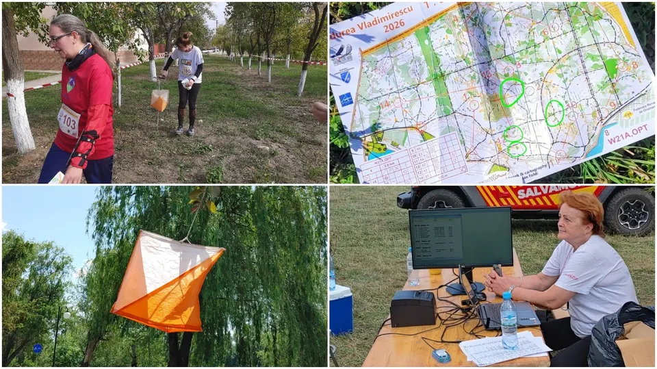 Un colaj format din patru imagini cu o femeie în roșu, un participant la orientare, un control de orientare suspendat și o femeie la un calculator.
