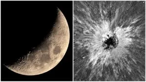 Un colaj format dintr-o imagine cu o lună crescătoare pe un fundal negru și o imagine albă cu un crater circular.