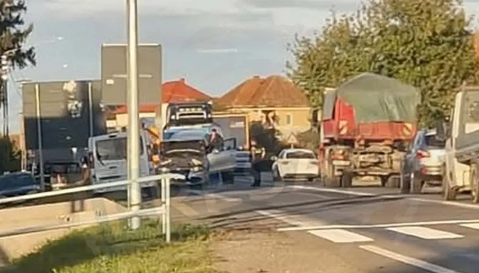 Mai multe autoturisme și camioane sunt oprite pe un drum asfaltat lângă un gard metalic și vegetație verde sub un cer înnorat.